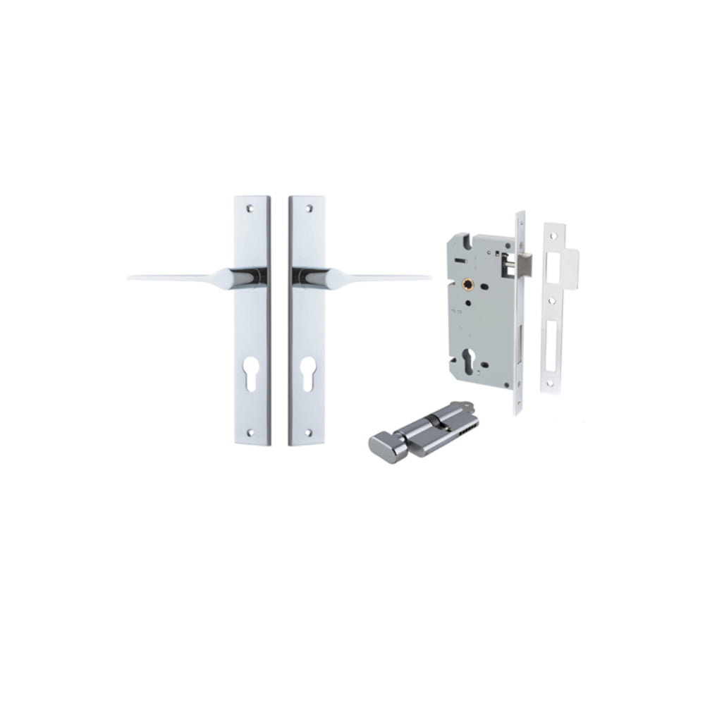 Door Lever Como Rectangular Euro Pair Polished Chrome CTC85mm L119xP59mm BPH240xW38mm Mortice Lock Euro Polished Chrome CTC85mm Backset 60mm, Euro Cylinder Key Thumb 5 Pin Polished Chrome 65mm KA4 in Polished Chrome