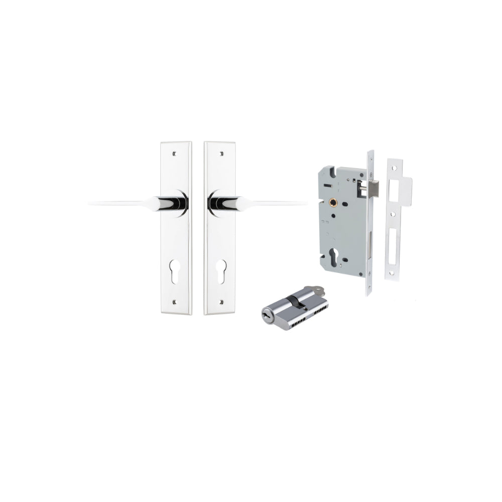 Door Lever Como Chamfered Euro Pair Polished Chrome CTC85mm L119xP61mm BPH240xW50mm Mortice Lock Euro Polished Chrome CTC85mm Backset 60mm Euro Cylinder Dual Function 5 Pin Polished Chrome 65mm KA4 in Polished Chrome