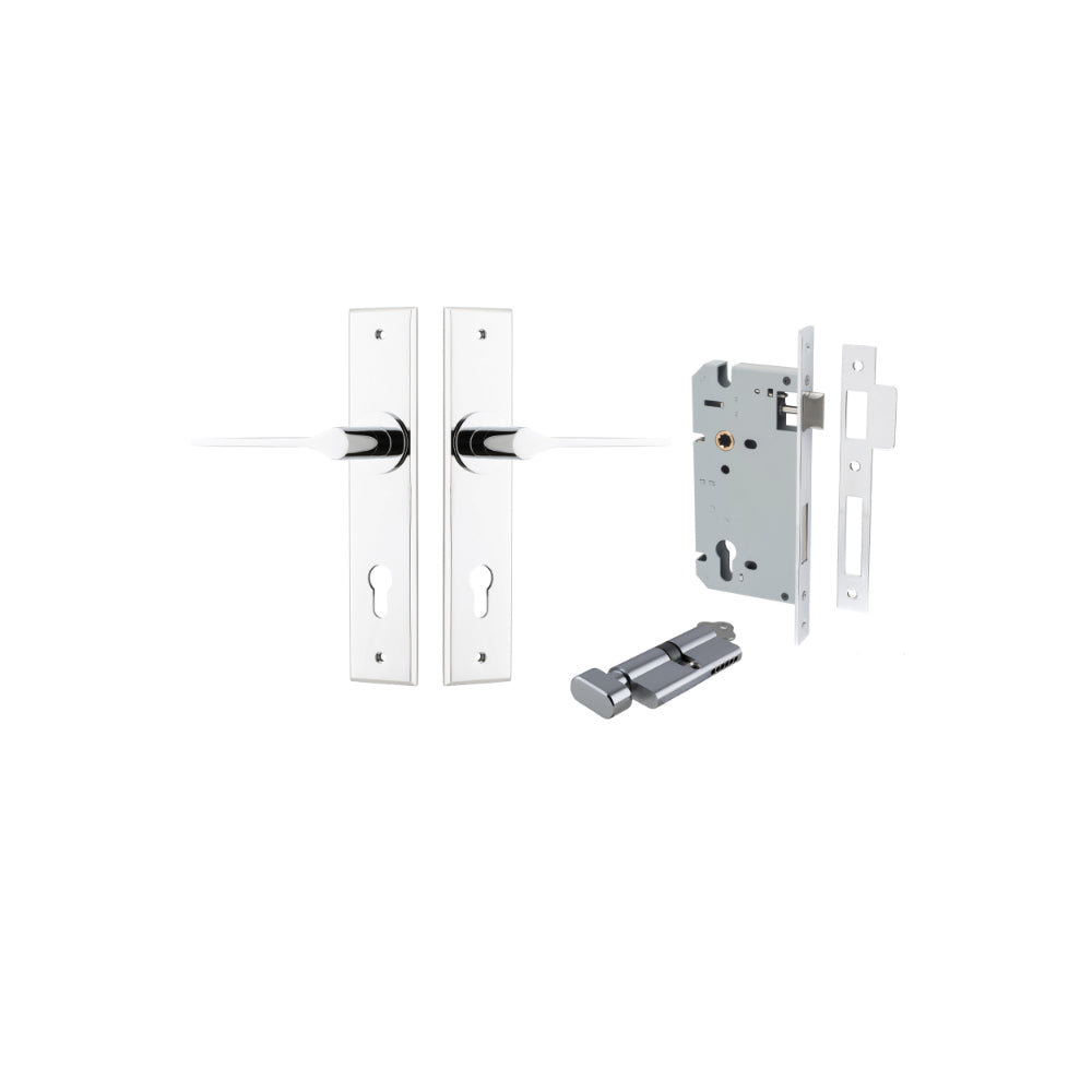 Door Lever Como Chamfered Euro Pair Polished Chrome CTC85mm L119xP61mm BPH240xW50mm Mortice Lock Euro Polished Chrome CTC85mm Backset 60mm Euro Cylinder Key Thumb 5 Pin Polished Chrome 65mm KA4 in Polished Chrome