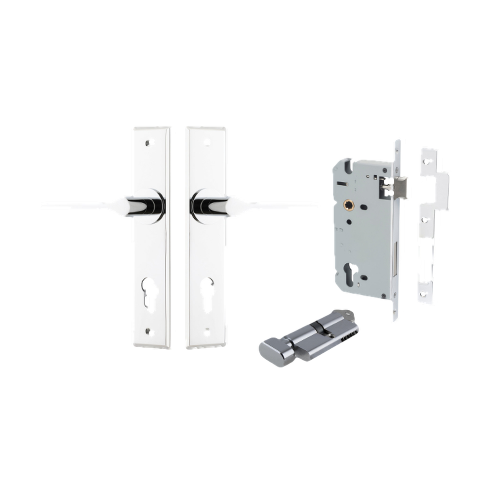 Door Lever Como Chamfered Euro Pair Polished Chrome CTC85mm L119xP61mm BPH240xW50mm Mortice Lock Euro Polished Chrome CTC85mm Backset 60mm Euro Cylinder Key Thumb 5 Pin Polished Chrome 65mm KA4 in Polished Chrome