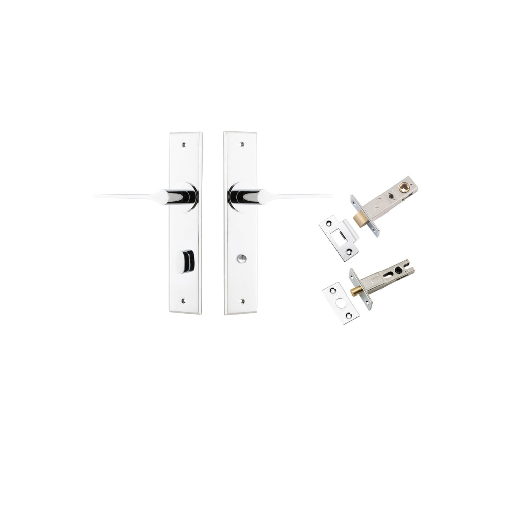 Door Lever Como Chamfered Privacy Polished Chrome CTC85mm L119xP61mm BPH240xW50mm Privacy Kit Tube Latch Split Cam 'T' Striker Polished Chrome Backset 60mm Privacy Bolt Round Bolt Polished Chrome Backset 60mm in Polished Chrome