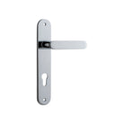 Pair of Iver Bronte lever handles on oval backplates, with elegant metal finish, ideal for interior doors.