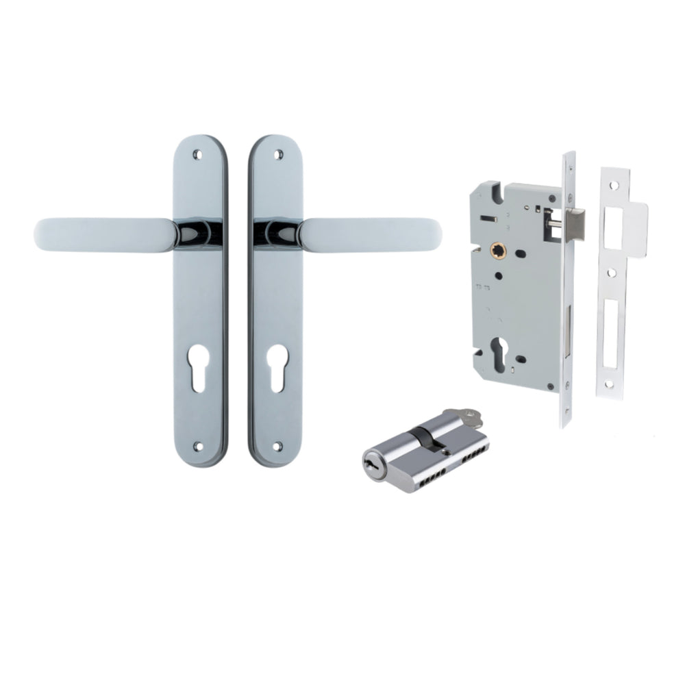 Door Lever Bronte Oval Euro Pair Polished Chrome CTC85mm L117xP53mm BPH240xW40mm, Mortice Lock Euro Polished Chrome CTC85mm Backset 60mm, Euro Cylinder Dual Function 5 Pin Polished Chrome 65mm KA4 in Polished Chrome