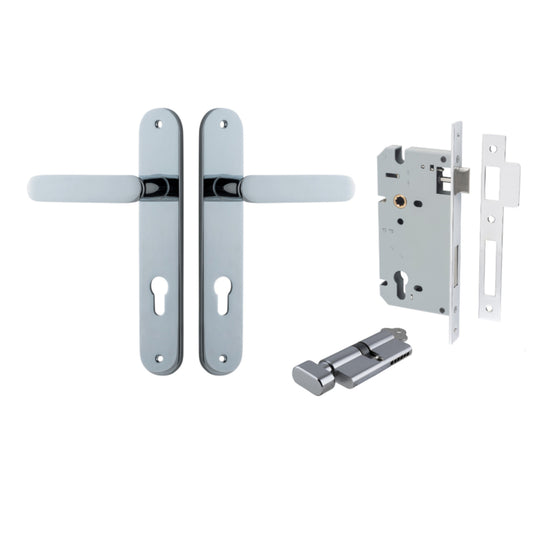 Door Lever Bronte Oval Euro Pair Polished Chrome CTC85mm L117xP53mm BPH240xW40mm, Mortice Lock Euro Polished Chrome CTC85mm Backset 60mm, Euro Cylinder Key Thumb 5 Pin Polished Chrome 65mm KA4 in Polished Chrome