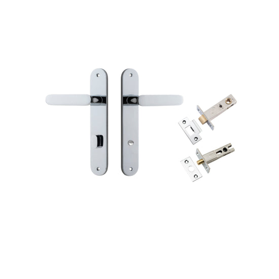 Door Lever Bronte  Oval Privacy Polished Chrome CTC85mm L117xP53mm BPH240xW40mm Privacy Kit, Tube Latch Split Cam 'T' Striker Polished Chrome Backset 60mm, Privacy Bolt Round Bolt Polished Chrome Backset 60mm in Polished Chrome