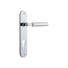 Pair of Iver Berlin lever door handles on oval backplates, featuring a sleek, modern design in a polished finish.