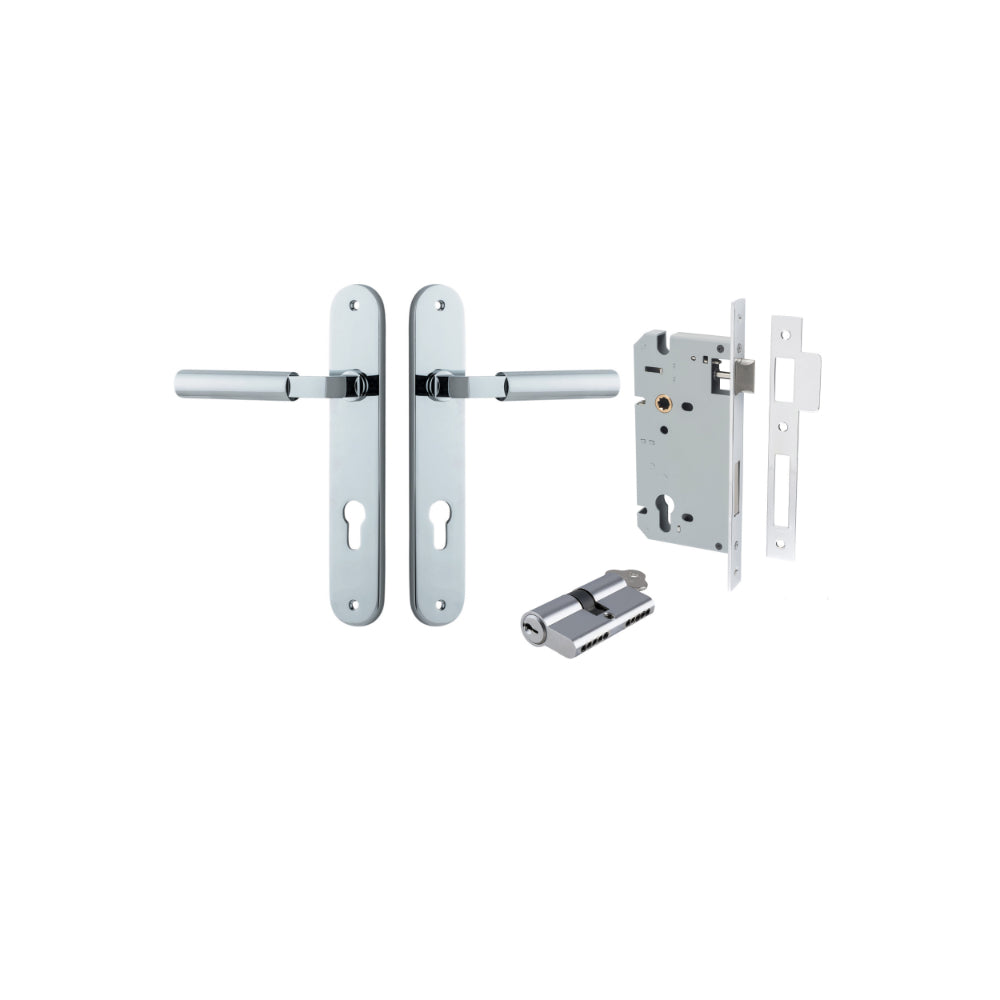 Pair of Iver Berlin lever door handles on oval backplates, featuring sleek, modern design for residential or commercial use.