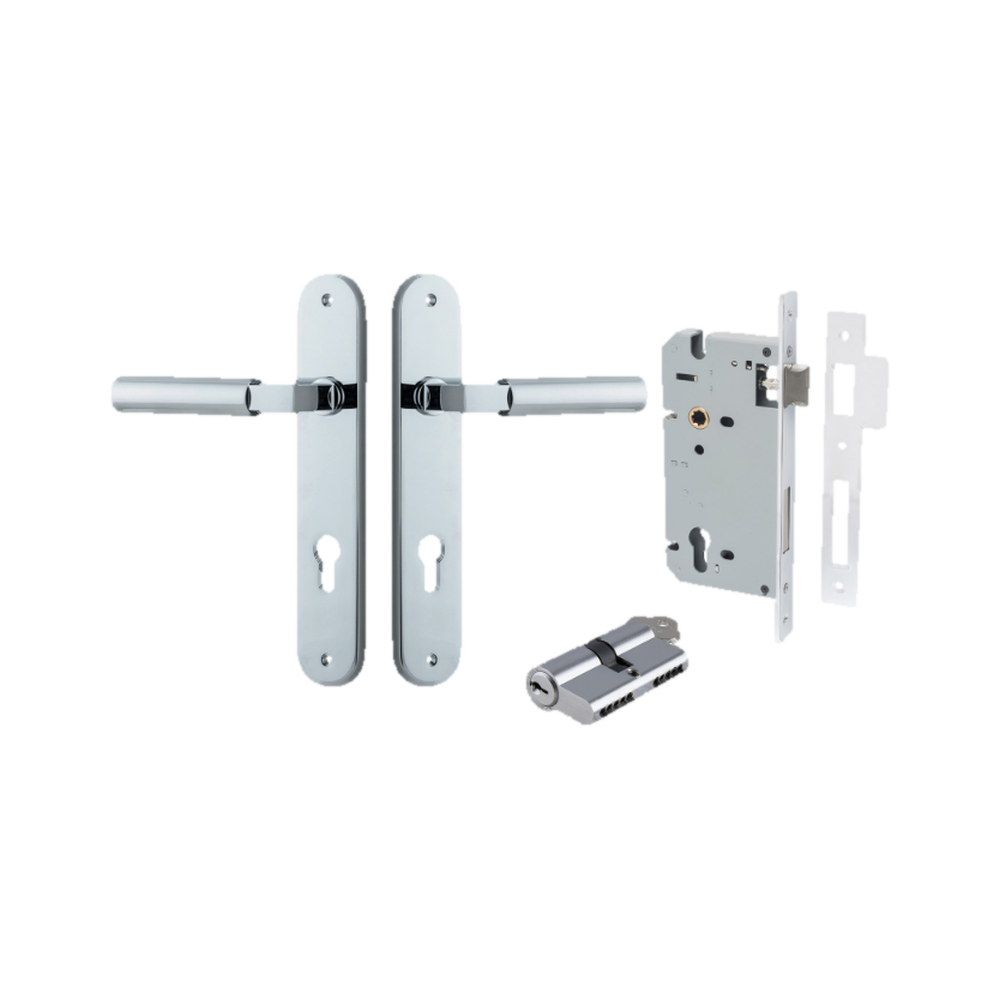 Door Lever Berlin Oval Euro Pair Polished Chrome CTC85mm L120xP57mm BPH240xW40mm Mortice Lock Euro Polished Chrome CTC85mm Backset 60mm, Euro Cylinder Dual Function 5 Pin Polished Chrome 65mm KA4 in Polished Chrome
