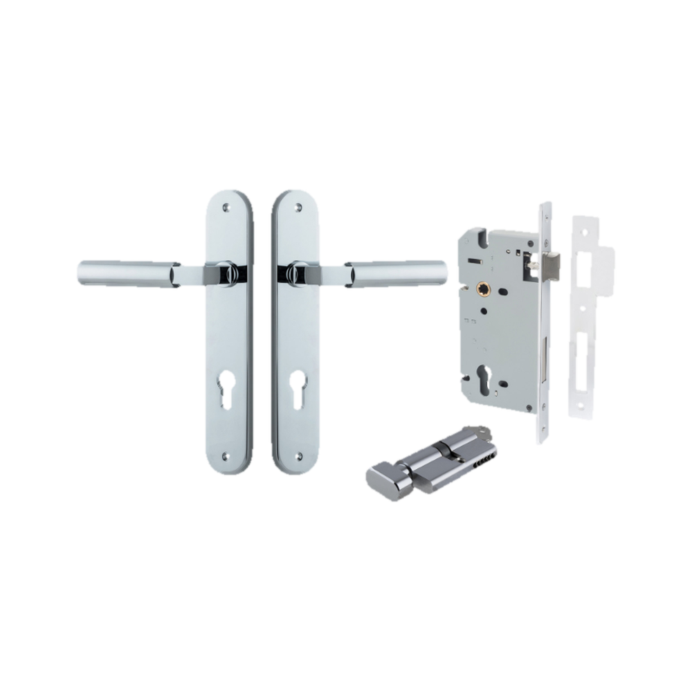 Door Lever Berlin Oval Euro Pair Polished Chrome CTC85mm L120xP57mm BPH240xW40mm Mortice Lock Euro Polished Chrome CTC85mm Backset 60mm, Euro Cylinder Key Thumb 5 Pin Polished Chrome 65mm KA4 in Polished Chrome