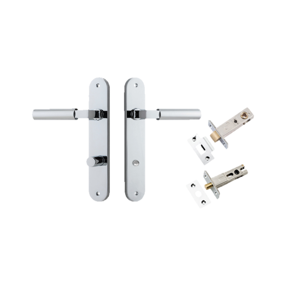 Door Lever Berlin Oval Privacy Polished Chrome CTC85mm L120xP57mm BPH240xW40mm Privacy Kit Tube Latch Split Cam 'T' Striker Polished Chrome Backset 60mm, Privacy Bolt Round Bolt Polished Chrome Backset 60mm in Polished Chrome