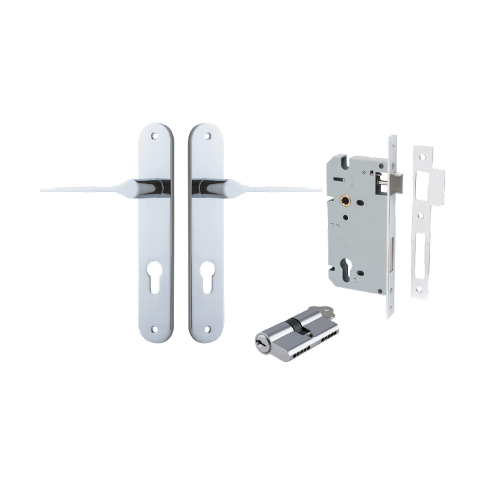 Door Lever Como Oval Euro Pair Polished Chrome CTC85mm L119xP59mm BPH240xW40mm Mortice Lock Euro Polished Chrome CTC85mm Backset 60mm, Euro Cylinder Dual Function 5 Pin Polished Chrome 65mm KA4 in Polished Chrome