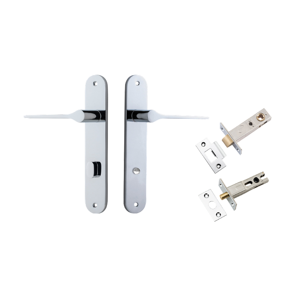 Door Lever Como Oval Privacy Polished Chrome CTC85mm L119xP59mm BPH240xW40mm Privacy Kit Tube Latch Split Cam 'T' Striker Polished Chrome Backset 60mm, Privacy Bolt Round Bolt Polished Chrome Backset 60mm in Polished Chrome