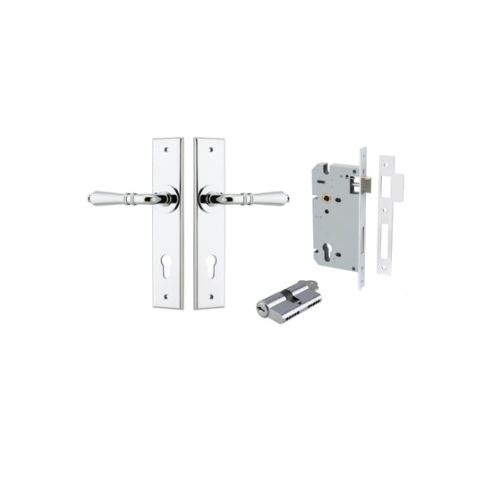 Door Lever Sarlat Chamfered Euro Pair Polished Chrome CTC85mm L111xP55mm BPH240xW50mm Mortice Lock Euro Polished Chrome CTC85mm Backset 60mm, Euro Cylinder Dual Function 5 Pin Polished Chrome 65mm KA4 in Polished Chrome