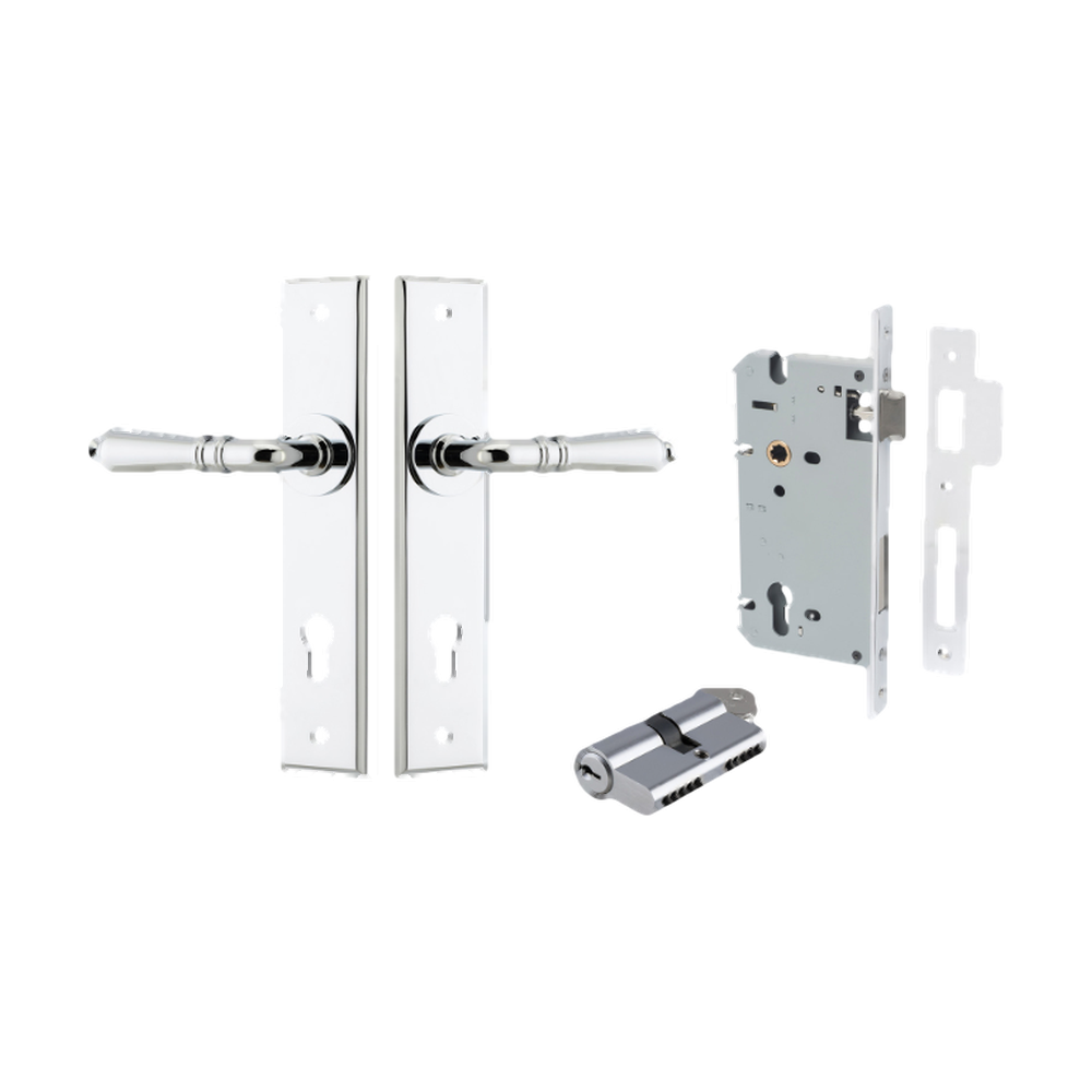 Door Lever Sarlat Chamfered Euro Pair Polished Chrome CTC85mm L111xP55mm BPH240xW50mm Mortice Lock Euro Polished Chrome CTC85mm Backset 60mm, Euro Cylinder Dual Function 5 Pin Polished Chrome 65mm KA4 in Polished Chrome