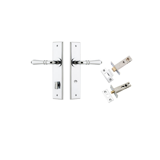 Door Lever Sarlat Chamfered Privacy Polished Chrome CTC85mm L111xP55mm BPH240xW50mm Privacy Kit Tube Latch Split Cam 'T' Striker Polished Chrome Backset 60mm, Privacy Bolt Round Bolt Polished Chrome Backset 60mm in Polished Chrome