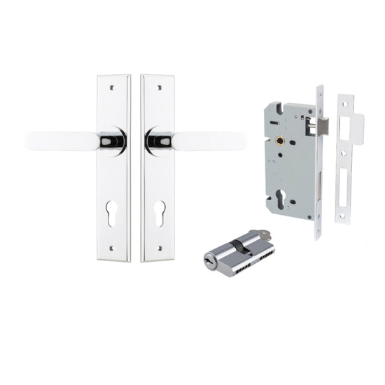 Door Lever Bronte Chamfered Euro Pair Polished Chrome CTC85mm L117xP55mm BPH240xW50mm Mortice Lock Euro Polished Chrome CTC85mm Backset 60mm, Euro Cylinder Dual Function 5 Pin Polished Chrome 65mm KA4 in Polished Chrome