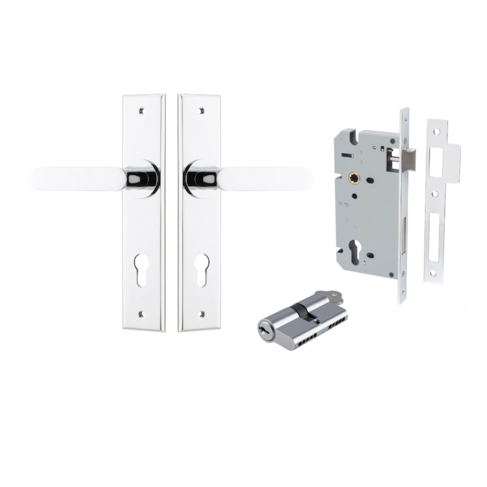 Door Lever Bronte Chamfered Euro Pair Polished Chrome CTC85mm L117xP55mm BPH240xW50mm, Mortice Lock Euro Polished Chrome CTC85mm Backset 60mm, Euro Cylinder Dual Function 5 Pin Polished Chrome 65mm KA4 in Polished Chrome