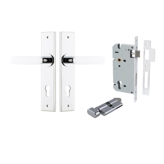 Door Lever Bronte Chamfered Euro Pair Polished Chrome CTC85mm L117xP55mm BPH240xW50mm, Mortice Lock Euro Polished Chrome CTC85mm Backset 60mm, Euro Cylinder Key Thumb 5 Pin Polished Chrome 65mm KA4 in Polished Chrome