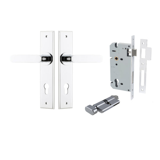 Door Lever Bronte Chamfered Euro Pair Polished Chrome CTC85mm L117xP55mm BPH240xW50mm Mortice Lock Euro Polished Chrome CTC85mm Backset 60mm, Euro Cylinder Key Thumb 5 Pin Polished Chrome 65mm KA4 in Polished Chrome