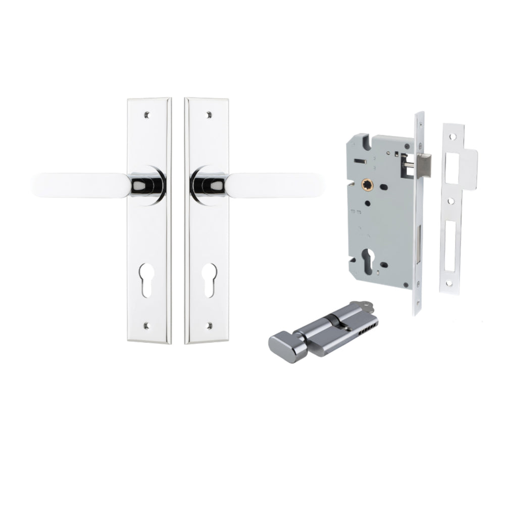 Door Lever Bronte Chamfered Euro Pair Polished Chrome CTC85mm L117xP55mm BPH240xW50mm Mortice Lock Euro Polished Chrome CTC85mm Backset 60mm, Euro Cylinder Key Thumb 5 Pin Polished Chrome 65mm KA4 in Polished Chrome