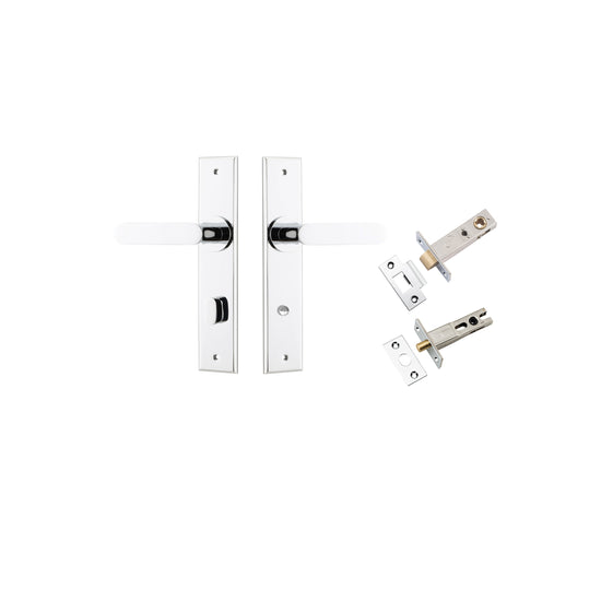 Door Lever Bronte  Chamfered Privacy Polished Chrome CTC85mm L117xP55mm BPH240xW50mm Privacy Kit Tube Latch Split Cam 'T' Striker Polished Chrome Backset 60mm, Privacy Bolt Round Bolt Polished Chrome Backset 60mm in Polished Chrome