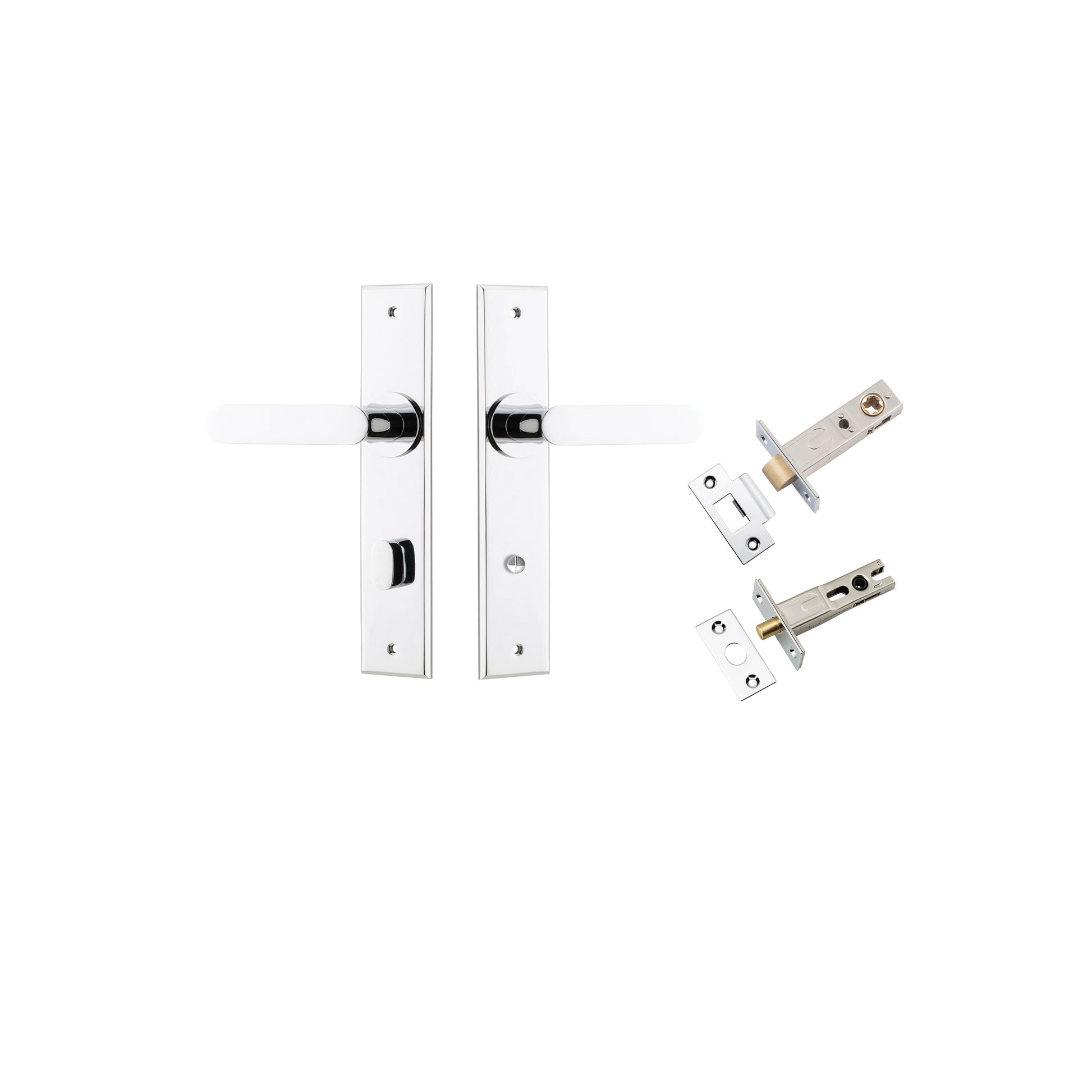 Door Lever Bronte  Chamfered Privacy Polished Chrome CTC85mm L117xP55mm BPH240xW50mm Privacy Kit Tube Latch Split Cam 'T' Striker Polished Chrome Backset 60mm, Privacy Bolt Round Bolt Polished Chrome Backset 60mm in Polished Chrome