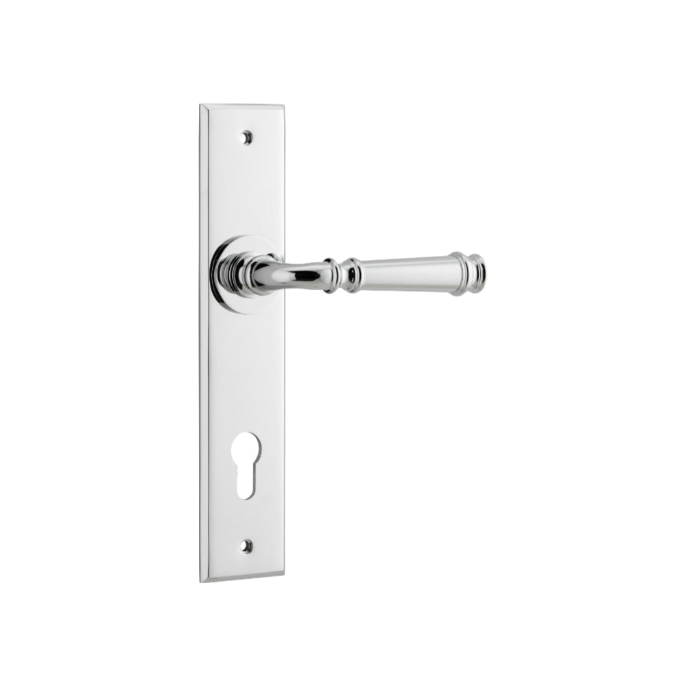 Door Lever Verona Chamfered Euro Polished Chrome CTC85mm H240xW50xP59mm in Polished Chrome