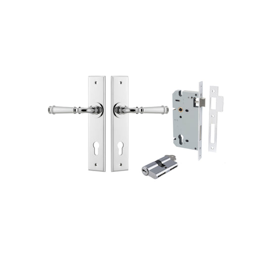 Door Lever Verona Chamfered Euro Pair Polished Chrome CTC85mm L122xP58mm BPH240xW50mm Mortice Lock Euro Polished Chrome CTC85mm Backset 60mm, Euro Cylinder Dual Function 5 Pin Polished Chrome 65mm KA4 in Polished Chrome