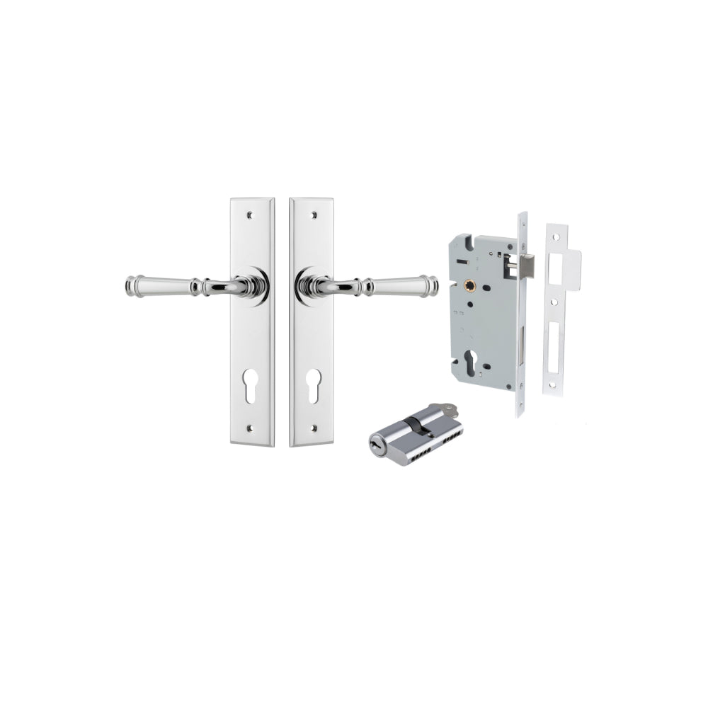 Door Lever Verona Chamfered Euro Pair Polished Chrome CTC85mm L122xP58mm BPH240xW50mm Mortice Lock Euro Polished Chrome CTC85mm Backset 60mm, Euro Cylinder Dual Function 5 Pin Polished Chrome 65mm KA4 in Polished Chrome