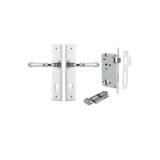 Door Lever Verona Chamfered Euro Pair Polished Chrome CTC85mm L122xP58mm BPH240xW50mm Mortice Lock Euro Polished Chrome CTC85mm Backset 60mm, Euro Cylinder Key Thumb 5 Pin Polished Chrome 65mm KA4 in Polished Chrome