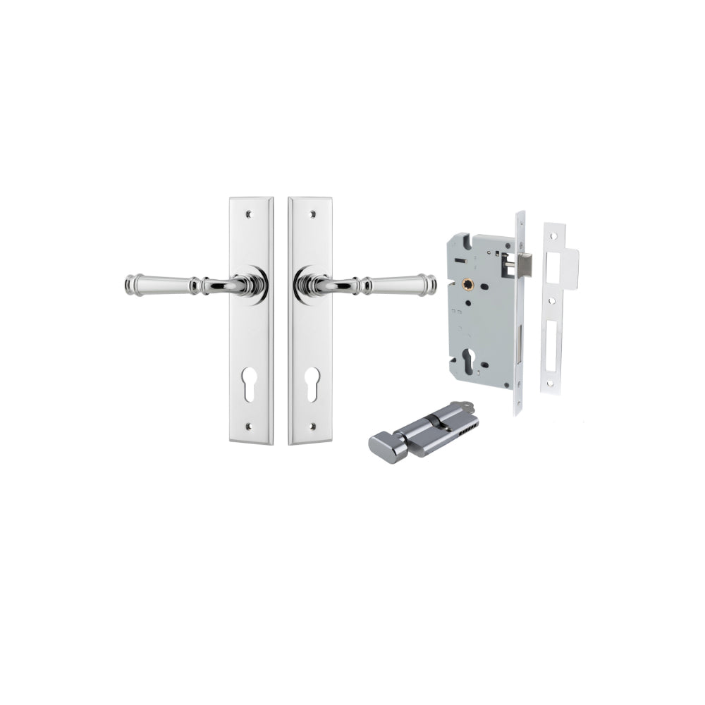 Door Lever Verona Chamfered Euro Pair Polished Chrome CTC85mm L122xP58mm BPH240xW50mm Mortice Lock Euro Polished Chrome CTC85mm Backset 60mm, Euro Cylinder Key Thumb 5 Pin Polished Chrome 65mm KA4 in Polished Chrome
