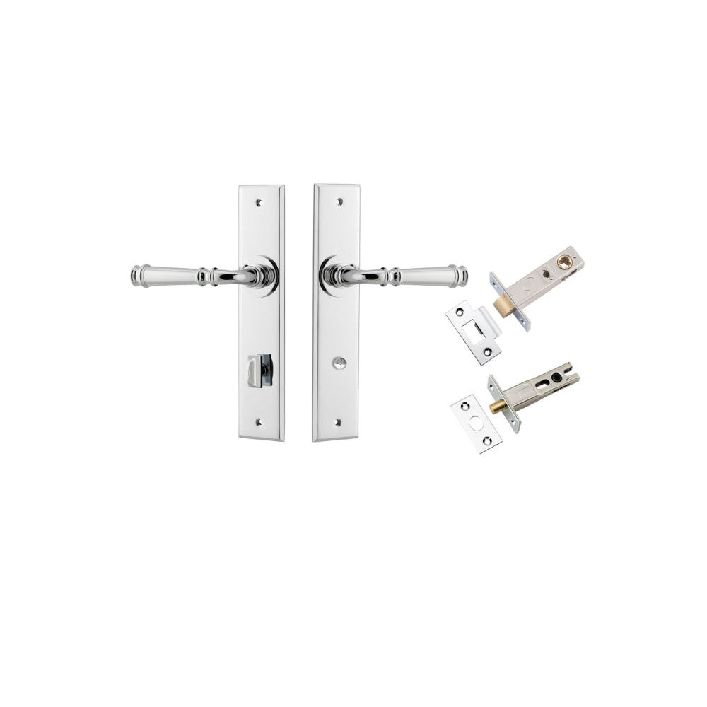 Door Lever Verona Chamfered Privacy Polished Chrome CTC85mm L122xP58mm BPH240xW50mm Privacy Kit Tube Latch Split Cam 'T' Striker Polished Chrome Backset 60mm, Privacy Bolt Round Bolt Polished Chrome Backset 60mm in Polished Chrome