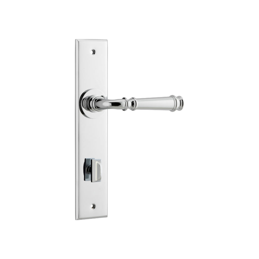 Door Lever Verona Chamfered Privacy Polished Chrome CTC85mm H240xW50xP59mm in Polished Chrome