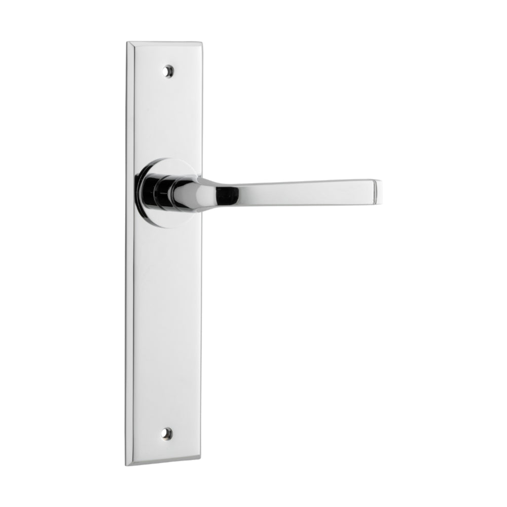 Pair of Iver Annecy lever door handles on chamfered backplates, showcasing elegant design and brushed metal finish.