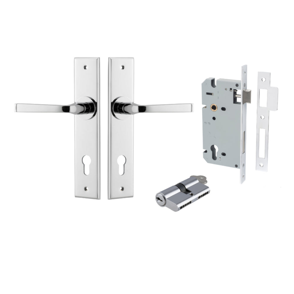 Pair of Iver Annecy lever door handles with chamfered backplates, shown in a sleek, modern design on the product image.