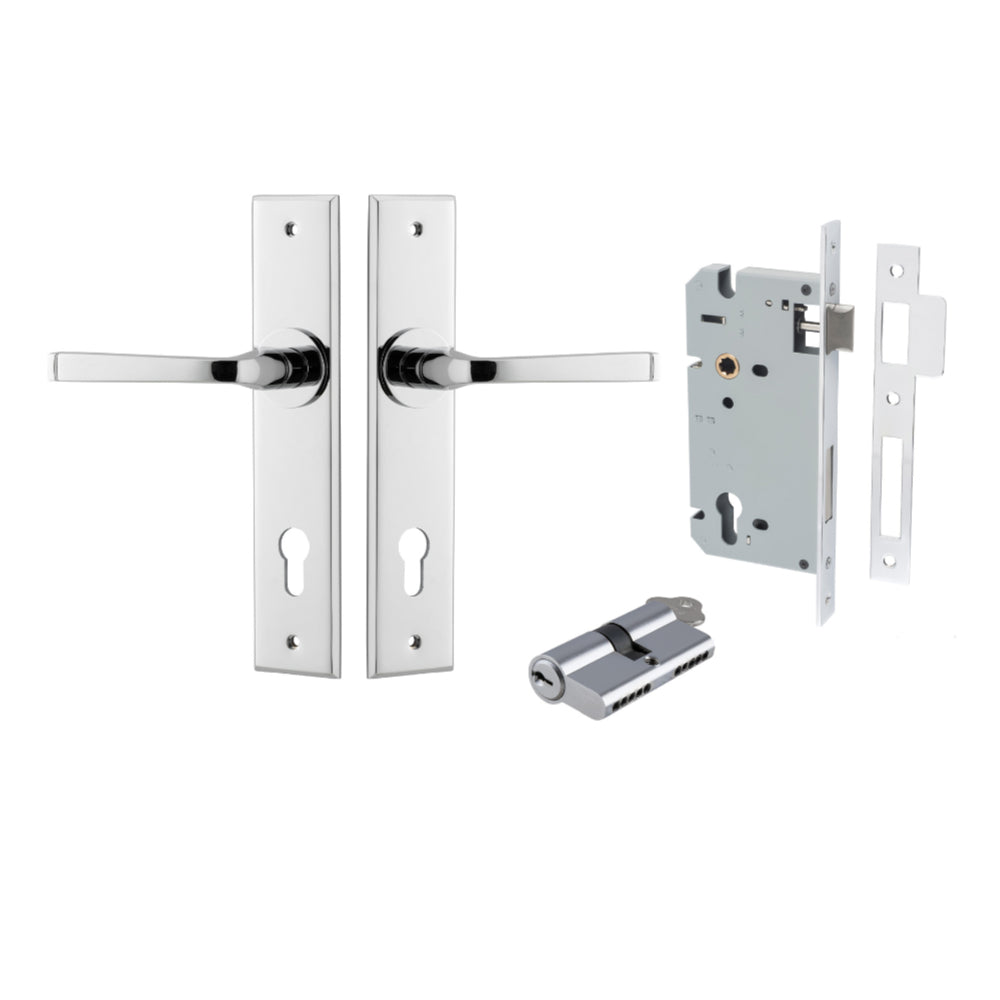 Door Lever Annecy Chamfered Euro Pair Polished Chrome CTC85mm L117xP65mm BPH240xW50mm, Mortice Lock Euro Polished Chrome CTC85mm Backset 60mm, Euro Cylinder Dual Function 5 Pin Polished Chrome 65mm KA4 in Polished Chrome
