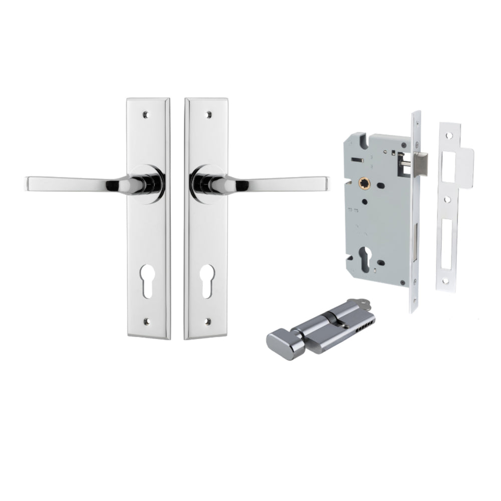 Pair of Iver Annecy lever door handles on chamfered backplates, featuring a sleek, modern design in a polished finish.