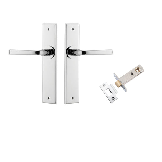 Door Lever Annecy Chamfered Polished Chrome L117xP65mm BPH240xW50mm Passage Kit, Tube Latch Split Cam 'T' Striker Polished Chrome Backset 60mm in Polished Chrome