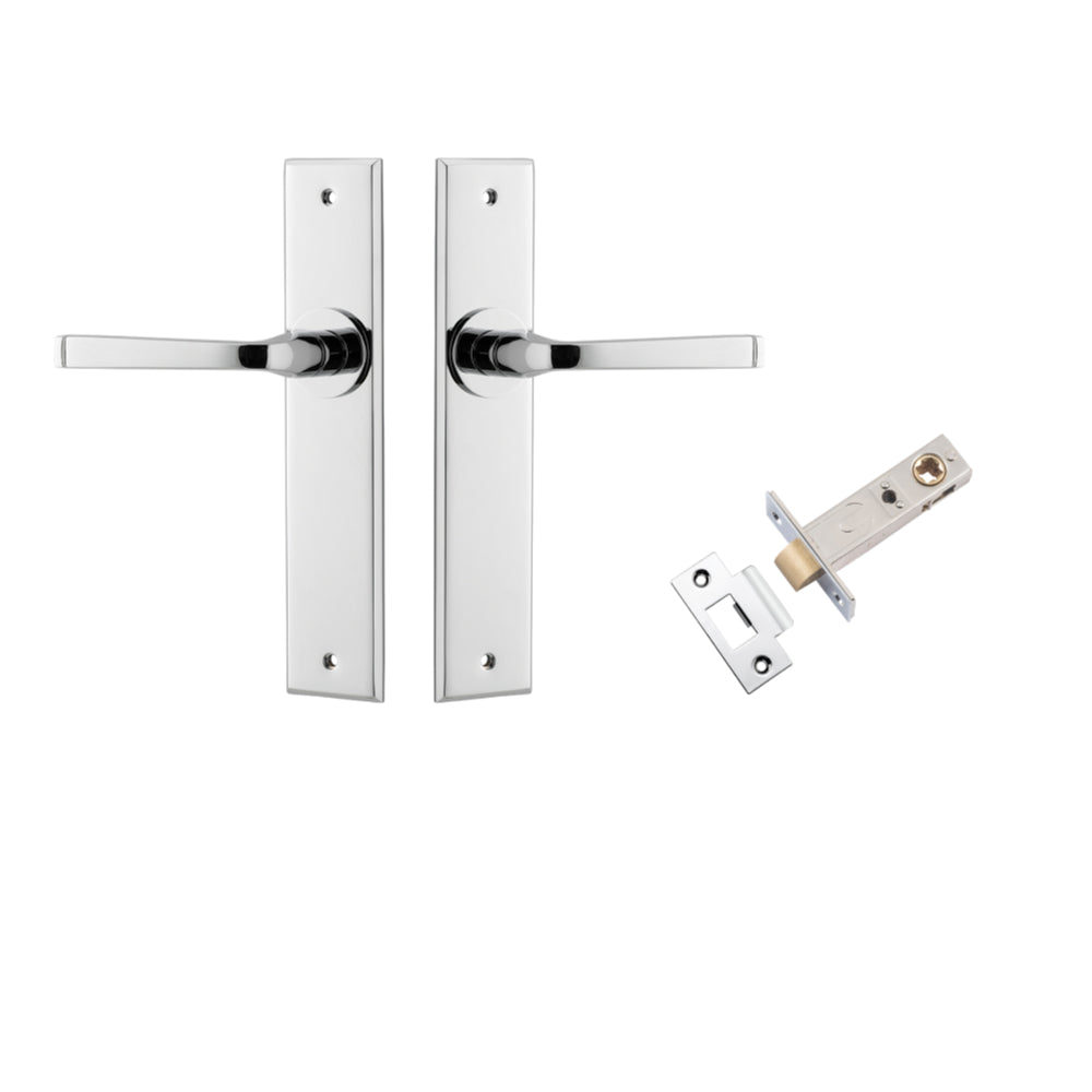 Pair of Iver Annecy lever door handles with chamfered backplates, showcasing a sleek, modern design in a polished finish.
