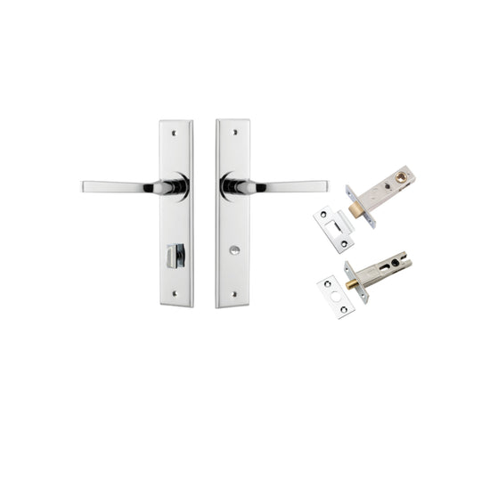 Door Lever Annecy Chamfered Privacy Polished Chrome CTC85mm L117xP65mm BPH240xW50mm Privacy Kit Tube Latch Split Cam 'T' Striker Polished Chrome Backset 60mm, Privacy Bolt Round Bolt Polished Chrome Backset 60mm in Polished Chrome