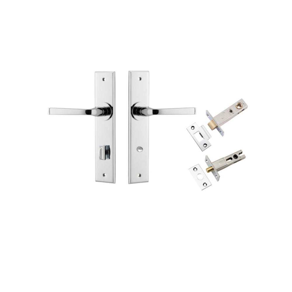 Pair of Iver Annecy lever door handles on chamfered backplates, featuring sleek modern design in a polished finish.