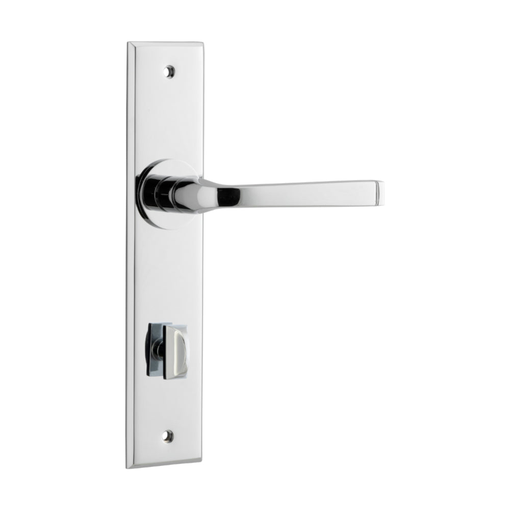 Door Lever Annecy Chamfered Privacy Polished Chrome CTC85mm H240xW50xP65mm in Polished Chrome