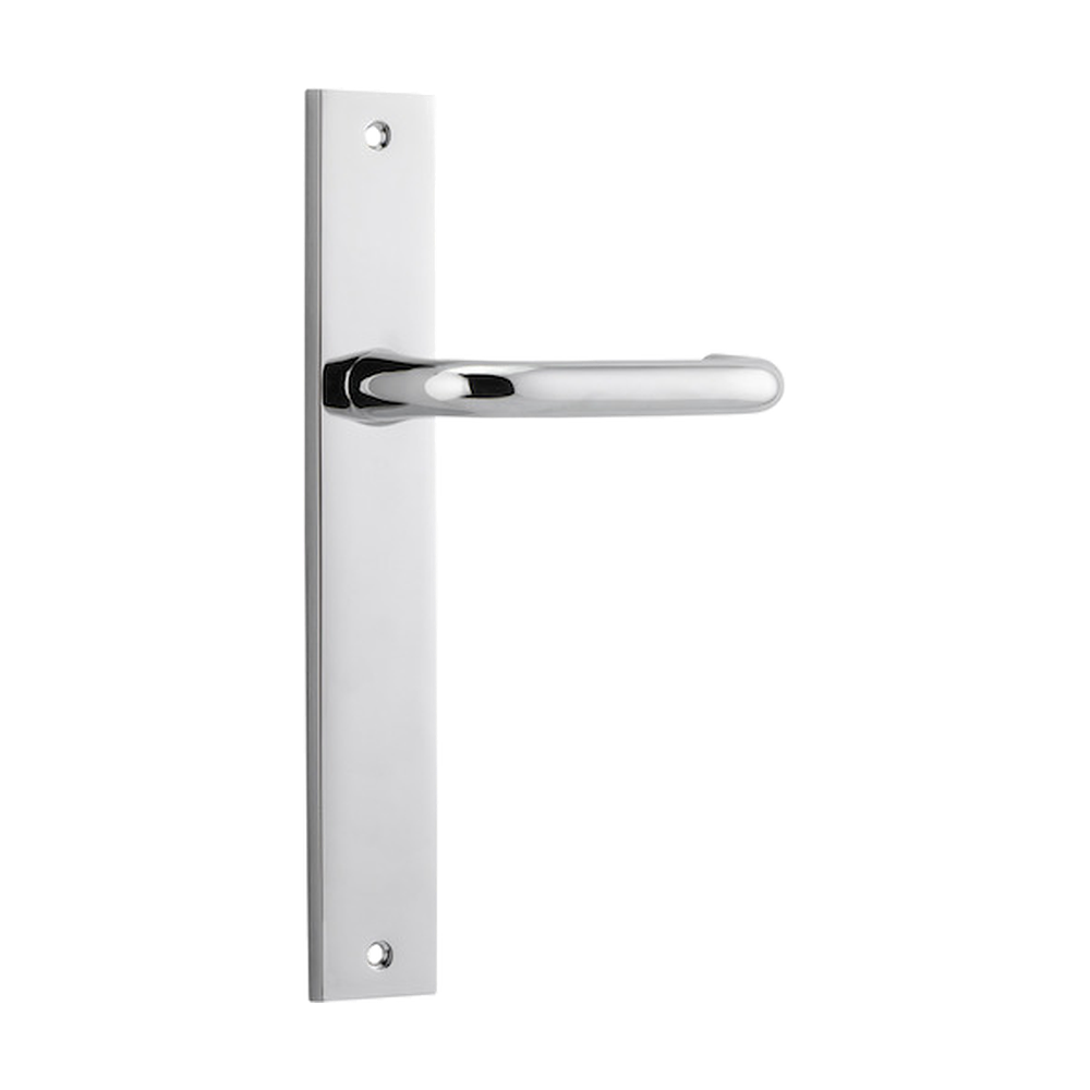Pair of Iver Oslo lever handles on rectangular backplates, architectural hardware for doors, in a sleek modern design.