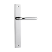 Pair of Iver Oslo lever handles on rectangular backplates, architectural hardware for doors, in a sleek modern design.