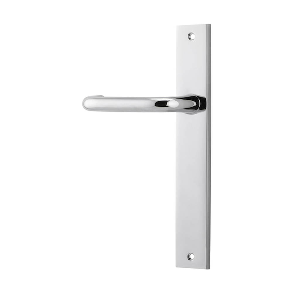 Pair of Iver Oslo Lever handles on rectangular backplates, architectural hardware for doors, showcasing sleek metal design.