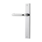 Pair of Iver Oslo Lever handles on rectangular backplates, architectural hardware for doors, showcasing sleek metal design.