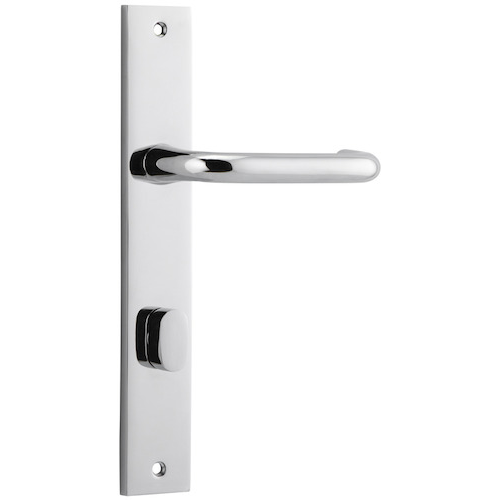 Pair of Iver Oslo Lever handles on rectangular backplates, modern architectural hardware for doors, in a sleek, polished finish.