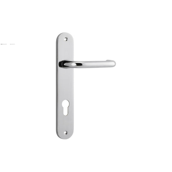 Door Lever Oslo Oval Euro Polished Chrome CTC85mm H230xW40xP57mm in Polished Chrome