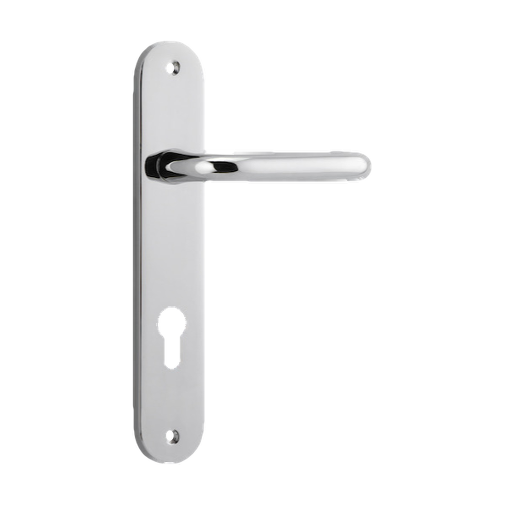 Door Lever Oslo Oval Euro Polished Chrome CTC85mm H230xW40xP57mm in Polished Chrome