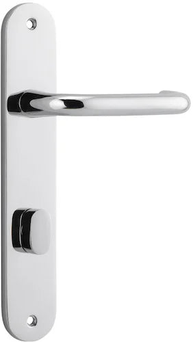 Door Lever Oslo Return Oval Privacy Polished Chrome CTC85mm L118xP56mm BPH240xW50mm Privacy Kit Tube Latch Split Cam 'T' Striker Polished Chrome Backset 60mm, Privacy Bolt Round Bolt Polished Chrome Backset 60mm in Polished Chrome